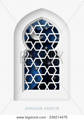 Ramadan Kareem 3d Abstract Paper Cut Illustration. Islamic Mosque Window With Geometric Pattern, Moo