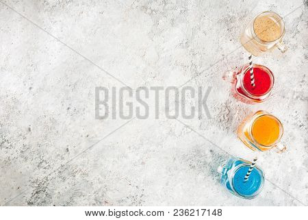 Set Of Different Chia Seed Drink, Tropical Fruit Cocktails,  Fresca, Grey Stone Background Copy Spac