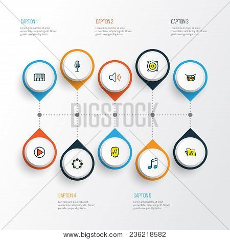 Music Icons Colored Line Set With Timbrel, Speaker, Fanatic And Other Lover Elements. Isolated  Illu