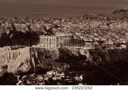Athens skyline viewed from Mt Lykavitos with Acropolis, Greece.