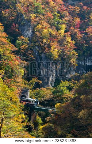 Naruko Gorge valley with train railroad tunnel in Miyagi Tohoku Japan