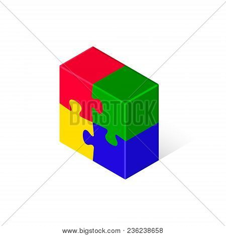 Isometric Cube Puzzle Color Pieces Isolated On White. Teamwork, Cooperation And Solution Concept. Fl