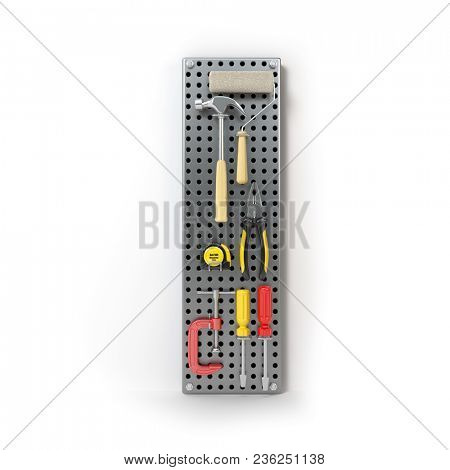 Letter I. Alphabet from the tools on the metal pegboard isolated on white.  3d illustration