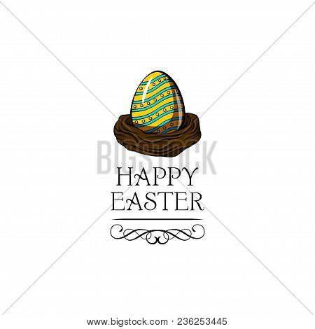 Colored Painted Easter Egg. Nest. Easter Greeting Card, Bird Nest. Swirls. Vector. Ornate Divider Fi