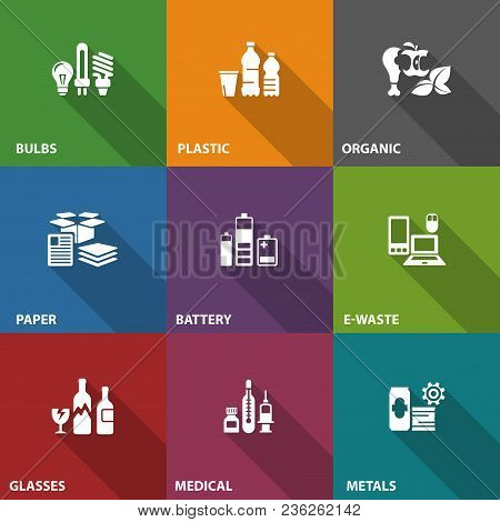 Garbage Waste Recycling Icons On Color, Line Symbols Of Different Waste Sorting, Garbage Recycling. 