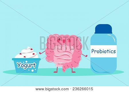 Intestine With Yogurt And Probiotics On The Blue Background