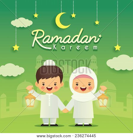 Ramadan Greeting Card. Cute Cartoon Muslim Kids Holding Lantern With Crescent Moon, Stars And Mosque