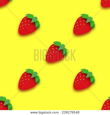 Red Strawberry Seamless Pattern In Paper Cut Style. Origami Healthy Food On Yellow. Summertime. Vect