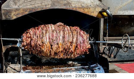 Turkish Cag Kebab On Pole In Horizontal Position