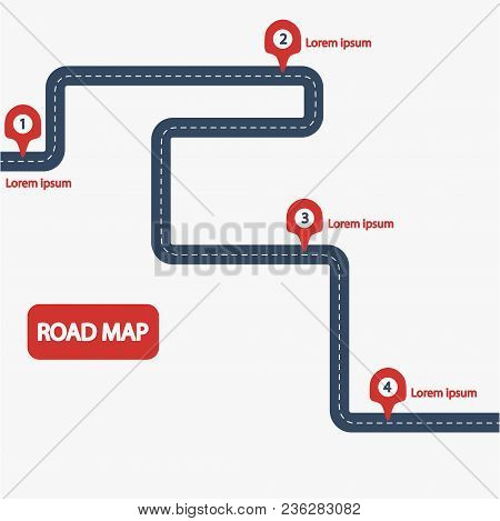 Car Road Map With Red Markers Sign, A Paved Route. Highway Infographics Design. Way And Direction Pl