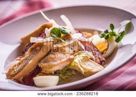 Caesar Salad With Egg Lettuce Bacon Crutons Grill Chicken Breast And Parmesan Cheese
