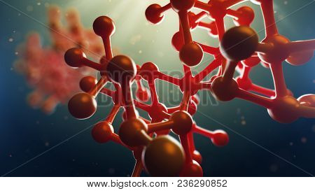 3d Illustration Of Atomic Grids Is Seen Against A Blurred Blue Background. Concept Of Medicine And S