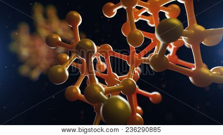 3d Illustration Of Atomic Grids Is Seen Against A Blurred Blue Background. Concept Of Medicine And S