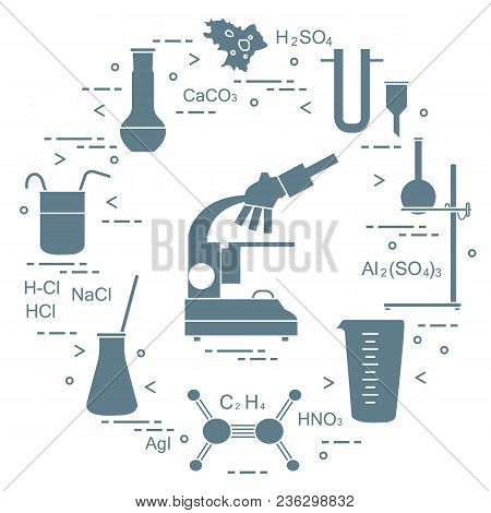 Chemistry Scientific, Education Elements: Microscope, Flasks, Tripod, Formulas, Beaker, Amoeba, Meas