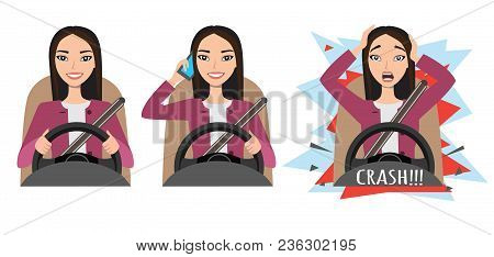 Don T Talk While Driving. Asian Woman Had An Accident. Woman Holding Mobile Phone While Driving Car,