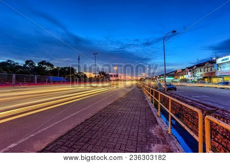 1 Dec 2017 Taman Perlin, Johor Bahru, Malaysia :light Trails At Blue Hour On Road Of Traffic Lights 