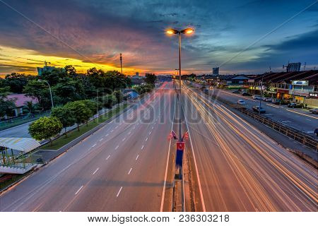 1 Dec 2017 Taman Perlin, Johor Bahru, Malaysia :light Trails At Blue Hour On Road Of Traffic Lights 