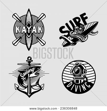 Exterme Activity. Water Sport Vintage Embleme Set With Kayak, Scuba, Anchor And Surfboard. Black And