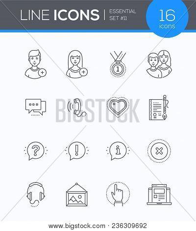 Social Media - Modern Line Design Style Icons Set. To Add Female Or Male User, Medal, Friends, Chat,