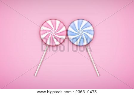 Two Lolipops Candy On Pastel Pink Background. Concept Of Love. Vector Illustration.