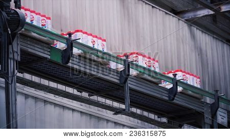 Moscow, Russia - May, 2017: Detergent On Modern Equipment Automated Production Line. Clip. Productio
