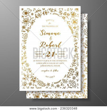 Golden Vector Wedding Invitation With Hand Drawn Twigs, Flowers And Brahches. Golden Botanical Templ