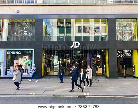 LONDON - APRIL 16, 2018: JD Sports, the nationâs leading trainer and sports fashion retailer on Oxford Street in London, UK.