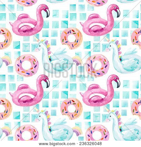 Watercolor Seamless Pattern With Summer Pool Floats In Cartoon Style. Water Color Flamingo, Unicorn 