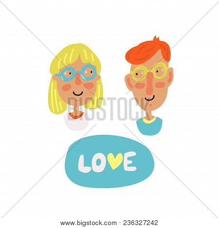 Hand Drawn Illustration Of Cartoon Girl And Boy. Funny And Cure Characters.