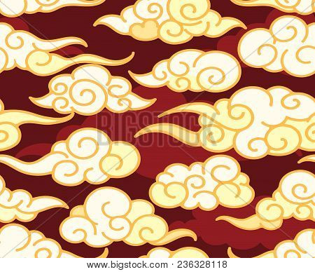 Red Clouds Pattern. Chinese Style Cloud Seamless Pattern, Golden Swirls Background