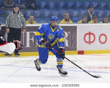 Kyiv, Ukraine - April 14, 2018: Hlib Krivoshapkin Of Ukraine In Action During The Iihf 2018 Ice Hock