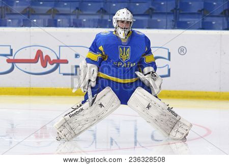 Kyiv, Ukraine - April 14, 2018: Goalkeeper Artur Ohandzhanyan Of Ukraine In Action During The Iihf 2