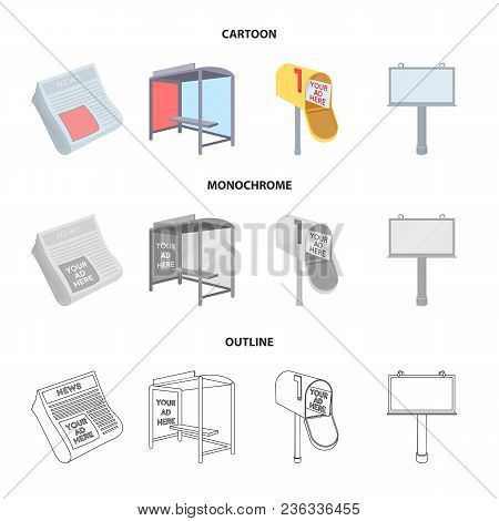 Newspapers, A Bus Stop, A Mail Box, A Billboard.advertising, Set Collection Icons In Cartoon, Outlin