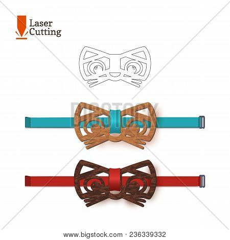 Laser Cut Bow-tie Template For Diy. Vector Silhouette With Cute Cat Ears For Cutting A Bow Tie On A 