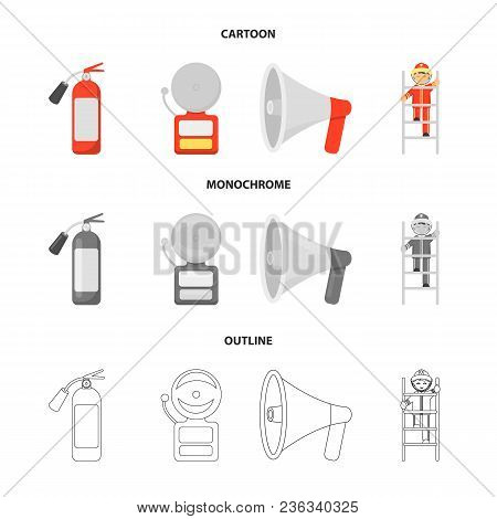 Fire Extinguisher, Alarm, Megaphone, Fireman On The Stairs. Fire Departmentset Set Collection Icons 