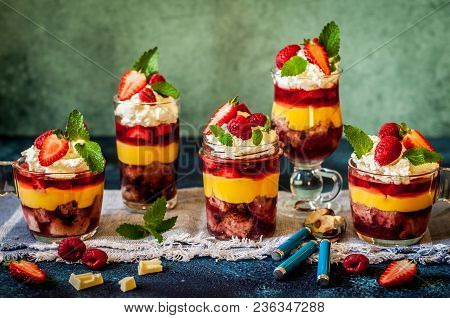 Fruit Cake, Jelly, Custard, Berry And White Cocolate Whipped Cream Individual Trifles