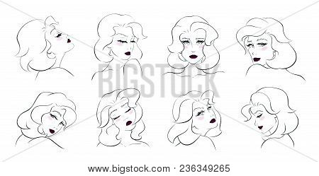 Collection Of Beautiful Young Women. Outline Style With Flat Elements. Front View, Side View, Back V