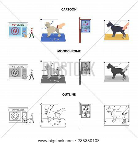 Visiting A Vet Clinic, A Signboard Of A Stylish Salon For A Pet, A Haircut Of Dogs. Vet Clinic And P