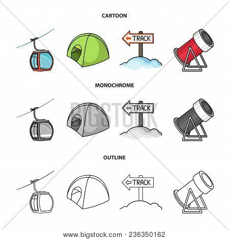 Funicular, Tent, Road Sign, Snow Cannon. Ski Resort Set Collection Icons In Cartoon, Outline, Monoch