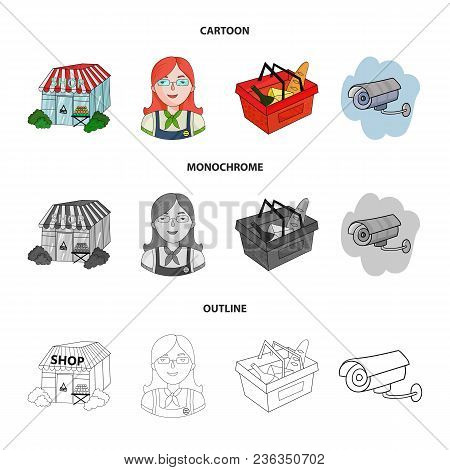 Salesman, Woman, Basket, Plastic .supermarket Set Collection Icons In Cartoon, Outline, Monochrome S