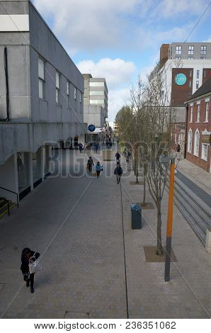 Bracknell, England - April 16, 2018:  A View Of Old And Modern Buildings Along The High Street With 
