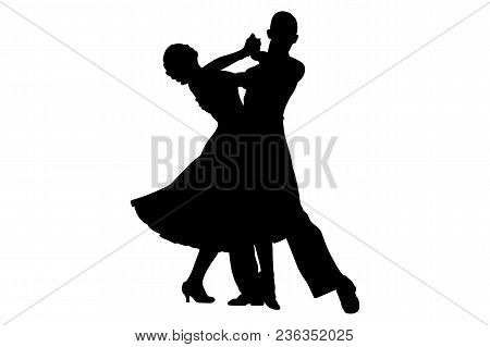 Couple Of Dancers Black Silhouette On Competition In Ballroom Dancing