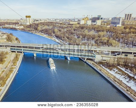 Aerial Ferry In The Sea On A Sunny Day Blue Water Isolated