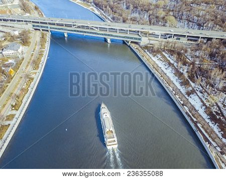 Aerial Ferry In The Sea On A Sunny Day Blue Water Isolated