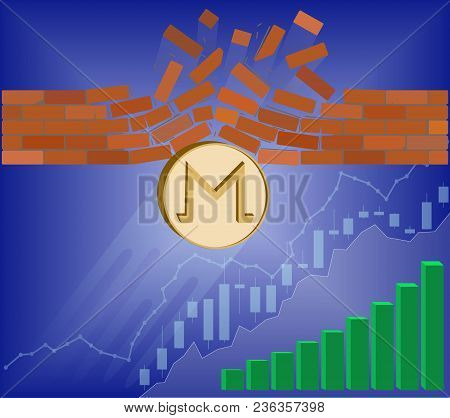 Monero Coin Breaks Through The Wall Resistance With Growth Chart On A Blue Background , The Price Of