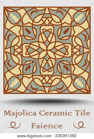 Faience Pottery Tile In Beige, Olive Green And Red Terracotta. Multicolored Ceramic Majolica. Vintag