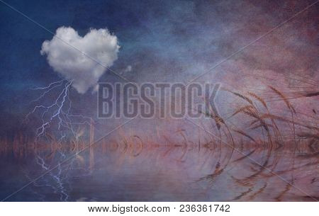 Surreal digital art. Storm cloud in shape of heart over quiet pond. 3D rendering