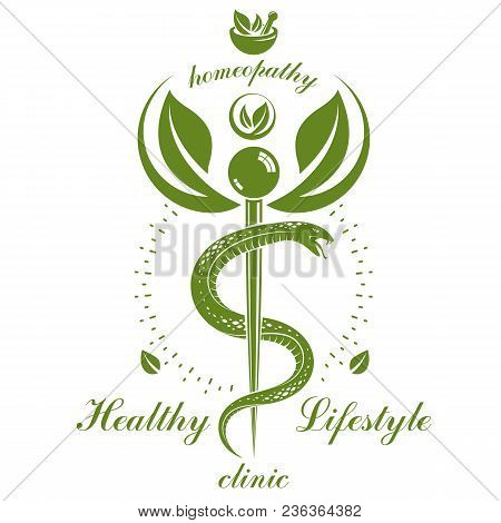 Aesculapius Vector Abstract Logo, Caduceus Symbol Composed With Mortar And Pestle For Use In Medical