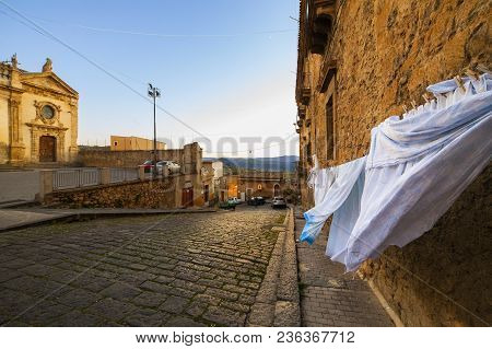 Clothes Hancing In The Street Of Leonforte, Town In The Middle Of Sicily