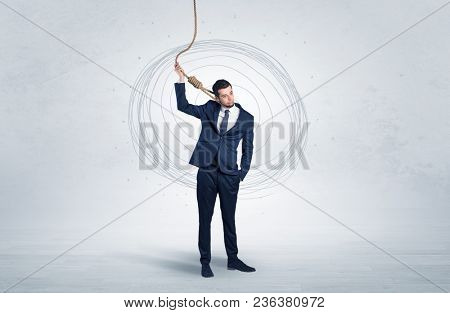 Burnout young elegant businessman trying to suicide with doodle concept